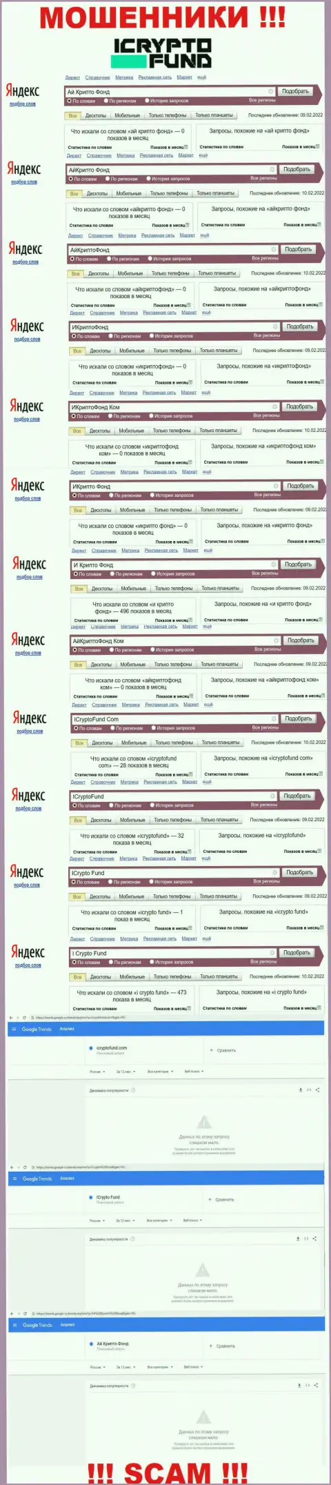 Скриншот результатов онлайн запросов по противозаконно действующей организации АйКриптоФонд