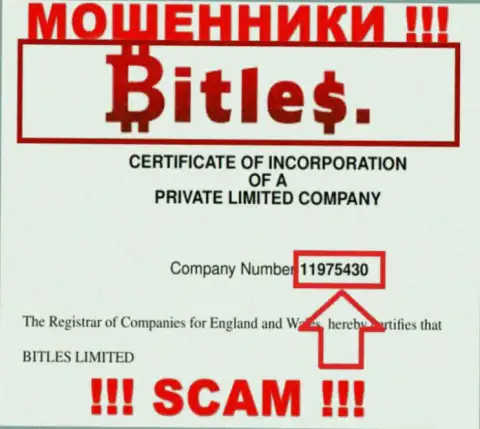 Номер регистрации мошенников Bitles Eu, с которыми не рекомендуем сотрудничать - 11975430