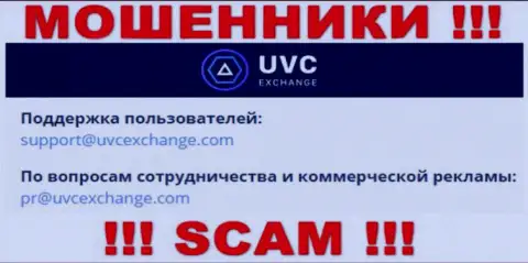 Установить контакт с интернет-аферистами UVC Exchange возможно по представленному электронному адресу (инфа взята была с их интернет-площадки)