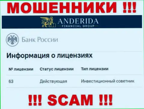 Anderida Financial Group уверяют, что имеют лицензию на осуществление деятельности от ЦБ Российской Федерации (данные с сайта кидал)