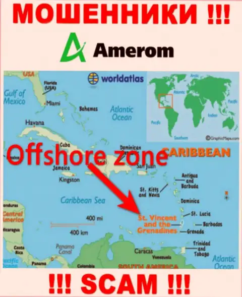 Компания Amerom De имеет регистрацию очень далеко от клиентов на территории Saint Vincent and the Grenadines