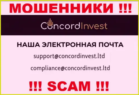 Отправить сообщение internet-мошенникам ConcordInvest можно на их электронную почту, которая была найдена у них на сайте