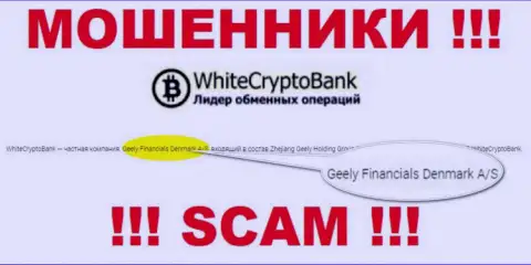 Юр лицом, управляющим internet мошенниками White Crypto Bank, является Geely Financials Denmark A/S