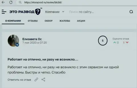 Услуги онлайн-обменника BTCBit в оценке клиентов на web-сайте etorazvod ru