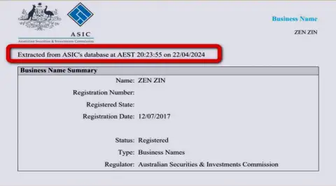 Документ, который подтверждает присутствие регистрации у брокерской фирмы Зиннейра Ком