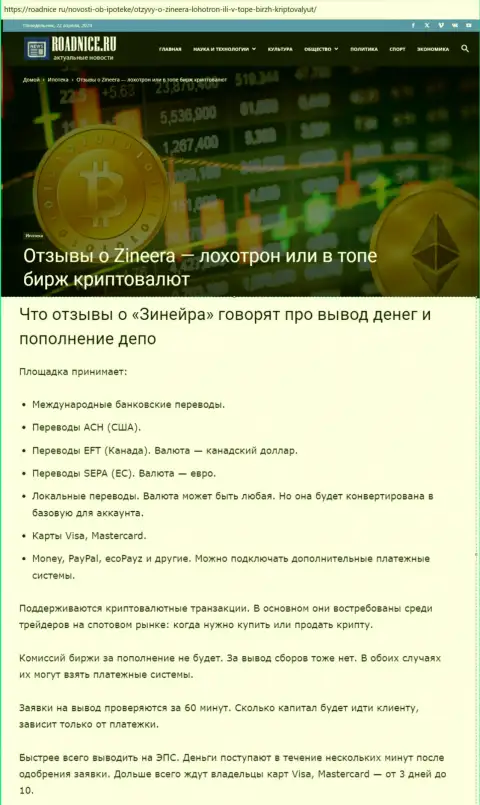 О возврате средств в дилинговом центре Zinnera Com в публикации на сайте roadnice ru