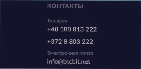 Телефон и электронная почта online обменки BTCBit Sp. z.o.o.
